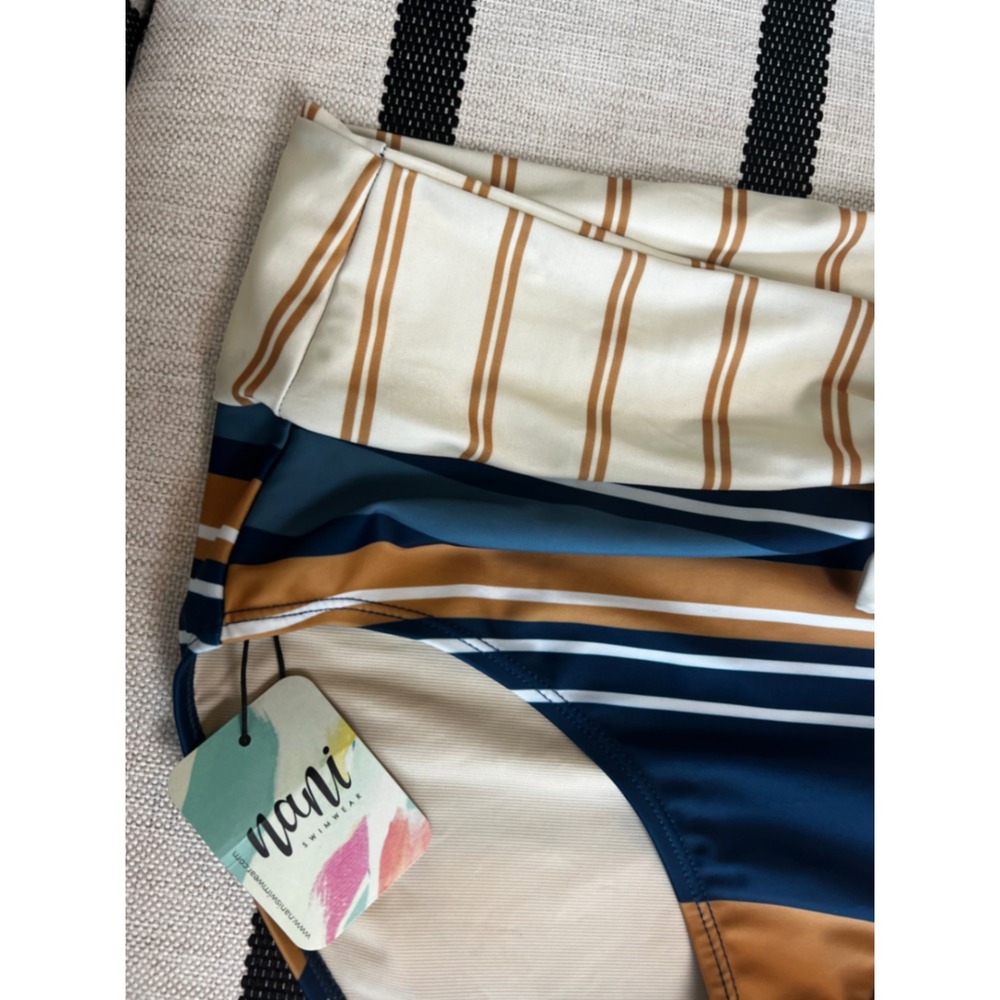 Nani Swimwear Safari Side Tie Bikini Bottom Blue Yellow Striped Small NWT